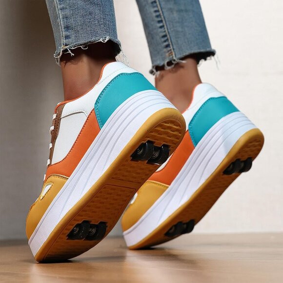 Kids Yellow/orange/white Detachable Wheeled 2 In 1 Skating Shoes Fashion Sneaker - Picture 7 of 7